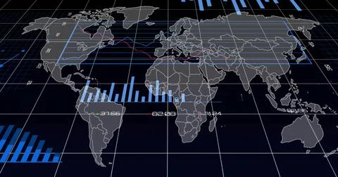 Displaying world map on dashboard grid, showing highlight zones, blue bars, red Stock Photos
