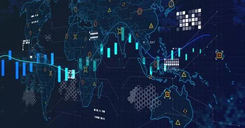 Displaying world map on dashboard screen, with candlestick bars, trend lines and Stockfoto's