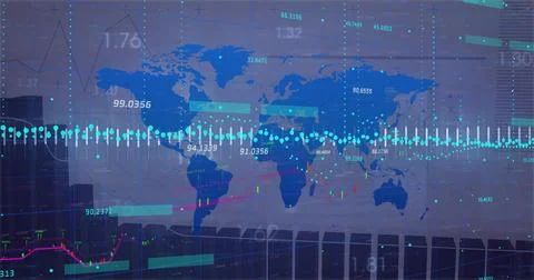 Displaying world map dashboard showing layered charts on large display, with Stock Photos