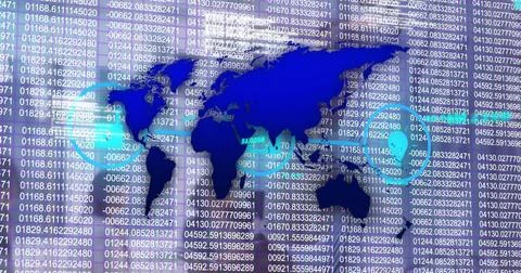 Displaying world map on data dashboard, with scrolling numeric data columns and 스톡 사진