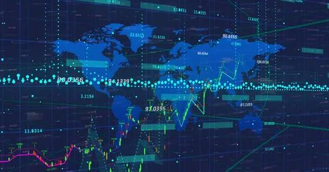 Displaying world map data visualization overlaying grid, with colored trend Illustrazione stock