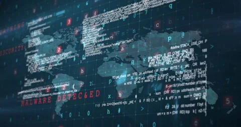 Displaying world map with digital code and cybersecurity data animation Stock Footage 304192141