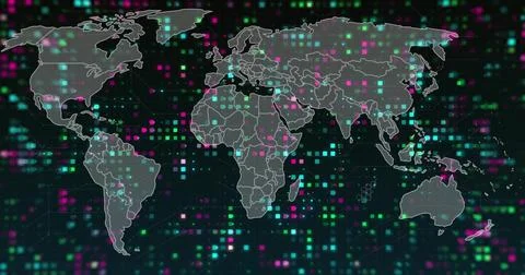 Displaying world map in digital dashboard, with map outlines green cyan magenta Illustrazione stock