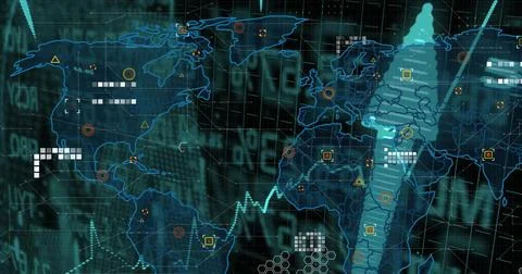 Displaying world map with dynamic line graph and data streams over hex patterns Illustrazione stock