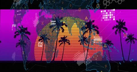 Displaying world map featuring palm trees and sun disk on neon gradient Stock Photos