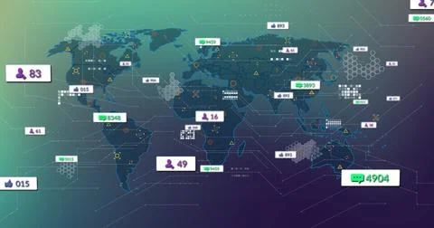 Displaying world map featuring social media analytics on dashboard, with user 库存照片