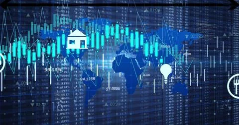 Displaying world map financial chart with candlestick bars and sector icons on Illustrazione stock
