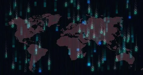 Displaying world map floating in abstract environment, with falling binary code Stock Photos