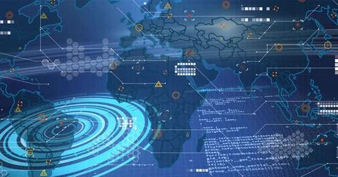 Displaying world map focused on Africa and Eurasia on dashboard with radar Stockillustratie