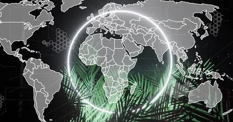 Displaying world map framing central Africa with glowing ring on screen, neon Stockillustratie