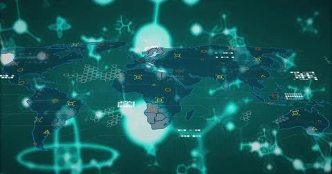 Displaying world map glowing molecular icons at command center, with hexagonal Stockillustratie