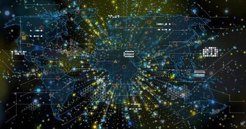 Displaying world map with glowing nodes, connecting lines and hexagon patterns Stock Photos