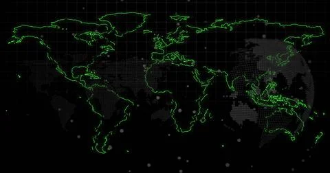 Displaying world map glowing on virtual HUD display, showing neon contours, Stock Illustration