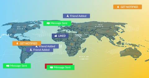 Displaying world map on gradient background, with notifications, hex grid and Stock Photos