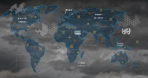 Displaying world map graphic on dark data interface, with hex grids, warning Illustrazione stock
