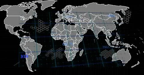 Displaying world map graphic on dashboard, showing tilted blue grid, numeric 库存插图