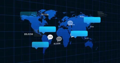 Displaying world map with grid on digital dashboard, showing chat bubbles, Stockillustratie