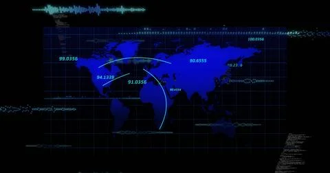 Displaying world map with grid highlighting connection arcs and metrics on Illustrazione stock