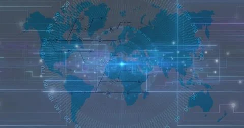 Displaying world map on heads-up display with glowing data network, light burst, Stock Illustration
