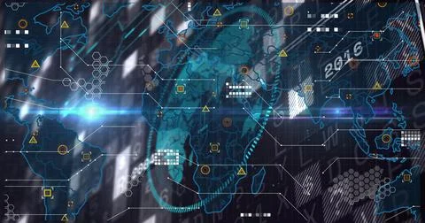 Displaying world map with hex grid and data nodes in control room with caution イラスト素材