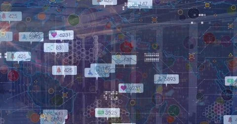 Displaying world map with hex grid and numeric badges across city skyline with Foto stock