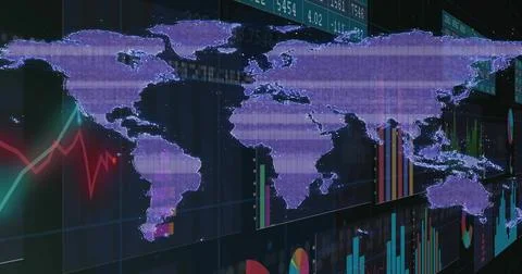 Displaying world map on high-tech dashboard, with green red trend lines, bar, Stock Illustration