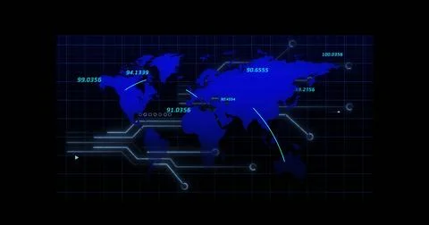 Displaying world map infographic on navy grid with curved lines, data nodes, Stock Photos