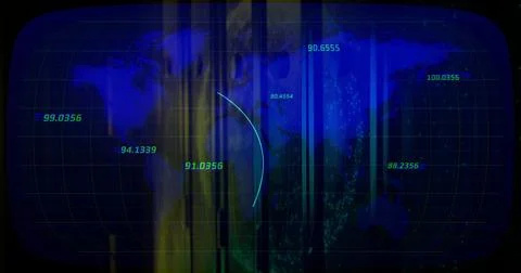 Displaying world map interface on computer screen, with grid, numeric readouts, 스톡 사진