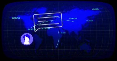 Displaying world map interface on digital dashboard, with grid, data-flow arcs, Foto stock