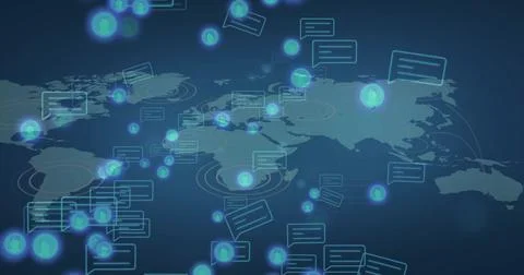 Displaying world map in interface with glowing user icons and chat bubbles Stock Photos