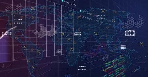 Displaying world map interface with gridlines, warning icons, numeric text Stockfoto's