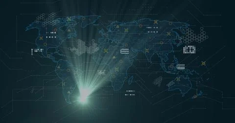 Displaying world map on interface, showing hexagon grids, circular data nodes Stock Illustration