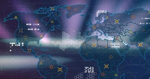 Displaying world map interface updating data on grid-lined dashboard, with Stock Illustration