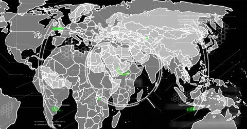 Displaying world map on interface with white outlines, hex radar grid, code 스톡 사진