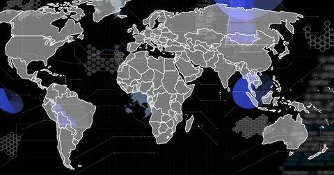 Displaying world map lines on virtual console grid with hexagon overlays and Stock Photos