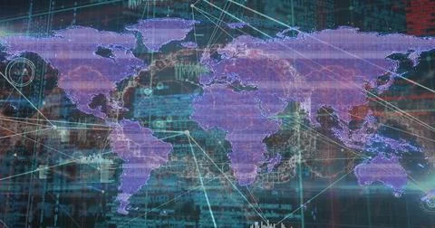 Displaying world map linking continents on digital interface, with code streams, Stock Photos