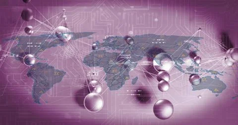 Displaying world map on magenta gradient, linking nodes with beams, circuit Stock Illustration