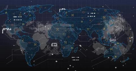 Displaying world map with neon outlines on navy grid dashboard, showing data Stock Photos