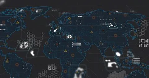 Displaying world map on operations dashboard, marking airplane, lightning, re Illustrazione stock