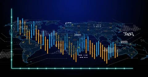 Displaying world map with orange, blue bar charts on dashboard, glowing grid and Stock Illustration