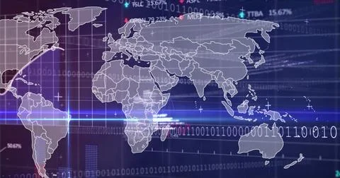 Displaying world map outline floating on grid screen, with binary, bar chart, Foto stock