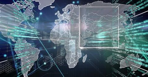 Displaying world map outline floating on blue grid backdrop, with cascading code 스톡 사진