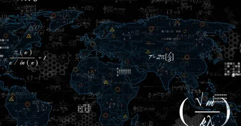 Displaying world map outline hovering over grid, with equations, pixel clusters Illustrazione stock
