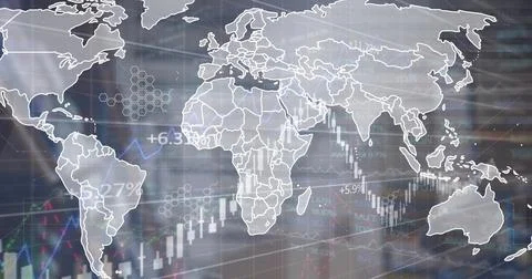 Displaying world map outline over candlestick charts line graph on data Stock Photos