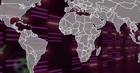 Displaying world map outlines over digital interface, showing moving magenta and Stock Illustration