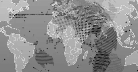 Displaying world map outlining continents on digital screen, with code overla Stockillustratie