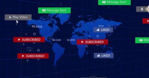 Displaying world map over dark grid, showing SUBSCRIBED banners, LIKED tags, Stock Illustration