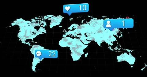 Displaying world map over grid in data dashboard, showing heart 10, comment 22, Stock Photos