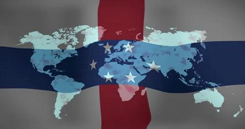 Displaying world map over navy band grid and red stripe on gray backdrop, Stock Photos