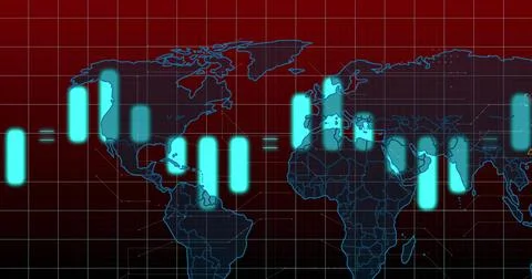 Displaying world map over red grid on digital screen, with turquoise bars and Stock Photos